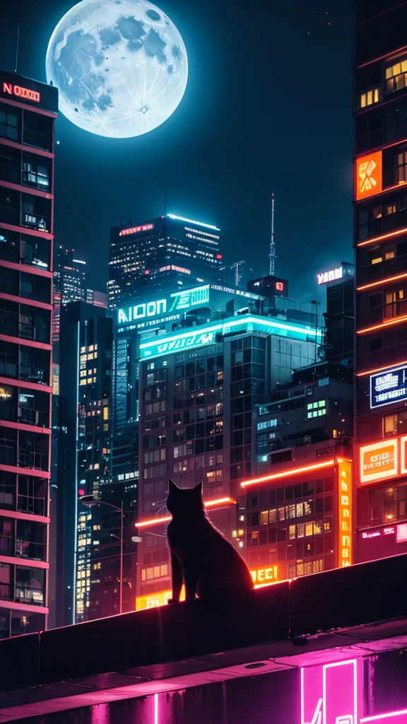 neon, cyber punk, natta, night-time, moon with strong light, orange cat, on top of a building, on the edge of the building,
