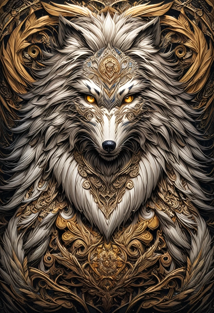 a drawing of a lobo with a flower pattern on its face, Highly detailed and hypnotic, hyper detailed lobo - like face, goldenlobo, incredibly intricate, he has yellow lobo eyes, Intricately detailed fur, lobo, Intricate artwork, Highly detailed 4k art, great lobo, Highly detailed 4k art., Highly detailed symmetry, intricate detailed 4k, wolves and their treasures