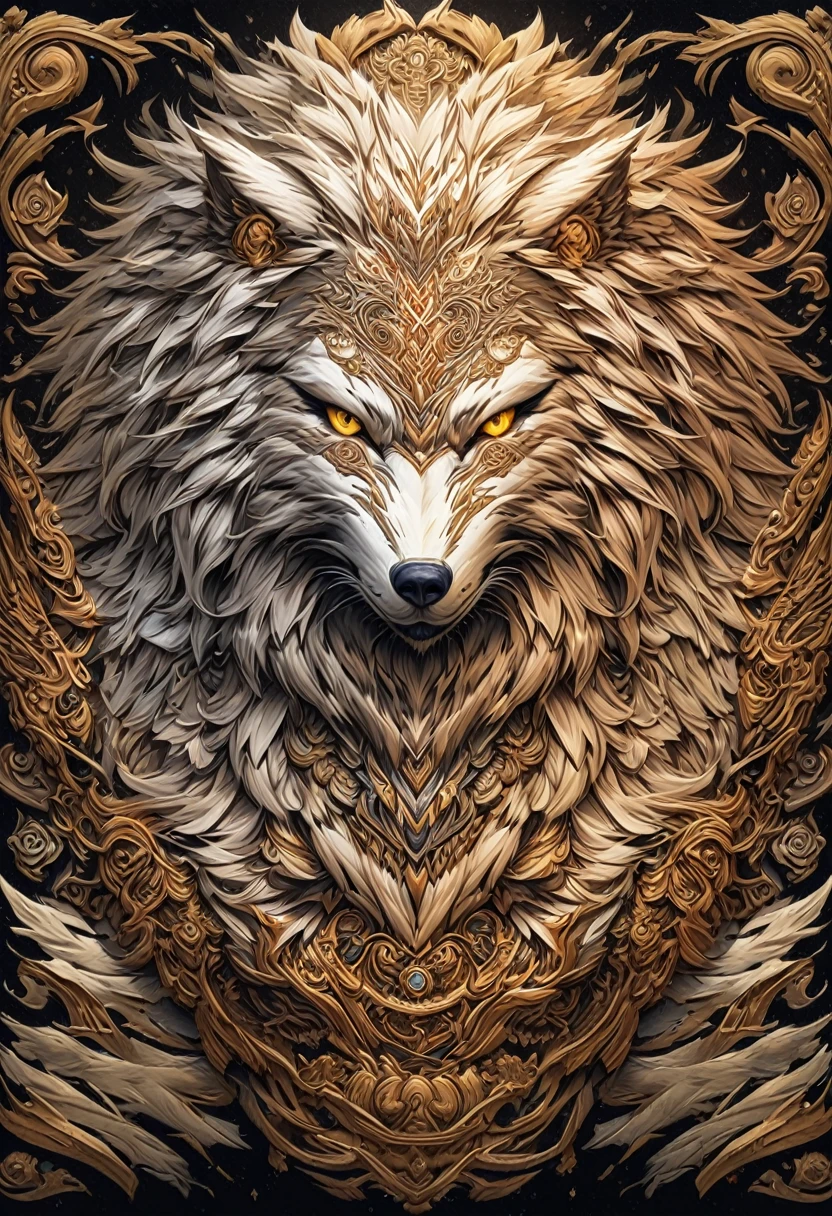 a drawing of a lobo with a flower pattern on its face, Highly detailed and hypnotic, hyper detailed lobo - like face, goldenlobo, incredibly intricate, he has yellow lobo eyes, Intricately detailed fur, lobo, Intricate artwork, Highly detailed 4k art, great lobo, Highly detailed 4k art., Highly detailed symmetry, intricate detailed 4k, wolves and their treasures