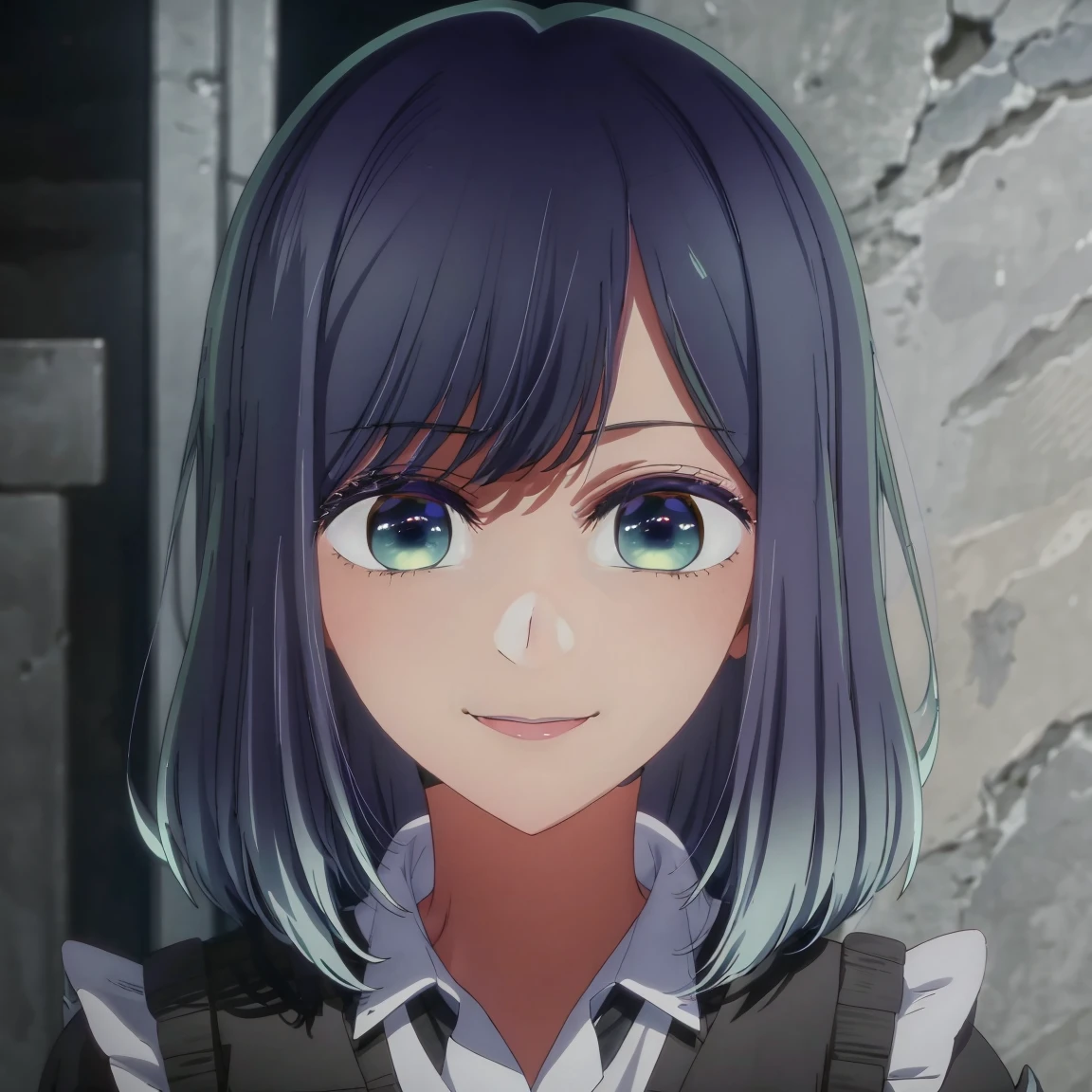 beautiful 18 year old girl, big eyes, big breasts, small and thin, 8k, Top Quality, (highly detailed head: 1.0), (highly detailed face: 1.0), (highly detailed hair: 1.0), maid clothes, artwork highly detailed official art, moe anime art style, clean and detailed anime art, smile, tall body, tall, long legs, mature woman, mature, adult, , eft_oshi_akane, alone, 1 girl, blue hair, looking at viewer, medium hair, bangs, closed mouth, green eyes, multicolored hair, short hair, faded hair, blue eyes, more details XL