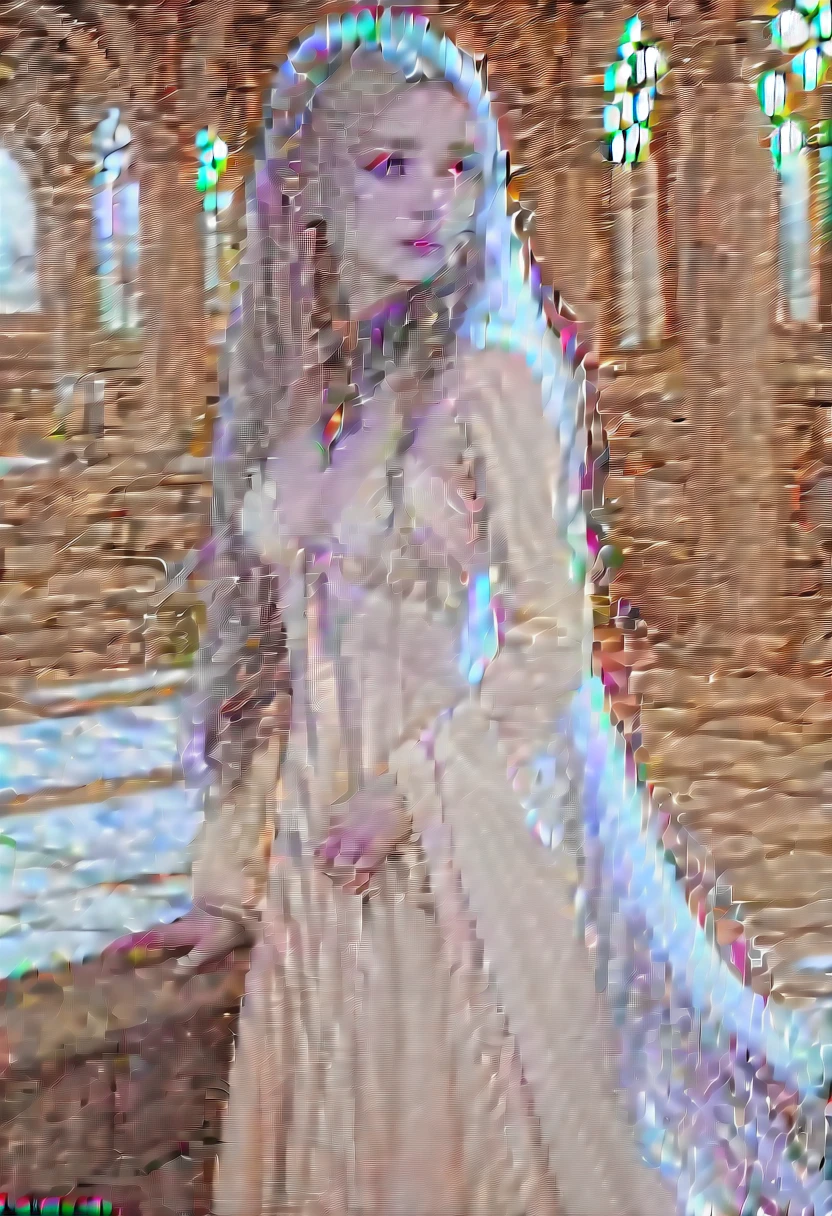 Simple medieval fantasy clothing, A 37-year-old woman with an endomorphic body and medium-toned skin stands before you. Her very long, sandy blonde hair flows simply down her back. She has a triangular face with slanted eyes, full lips, and medium, softly arched eyebrows. Her small, Greek-shaped nose and a subtle scar hint at a life rich with stories and experiences, giving her an appearance of quiet strength and grace.