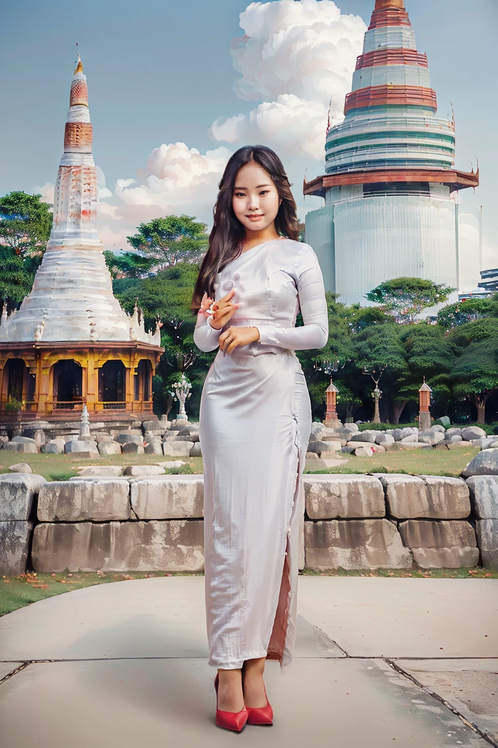 arafed asian woman in a satin dress standing in front of a crowd, (((full body view:2))), ((pretty lady MoonLay:1.2)), (pretty lady MoonLay), ((((pretty lady MoonLay's innocent cute face and cute small smile:1.3)))), (random other girls), ((wearing Myanmar traditional elegant and stylish affair:1.2)), ((white top and red bottom satin dress color:1.5)), blue stiletto high heel, south east asian with square face, traditional beauty, beautiful asian girl, anime thai girl, a young beautiful asian woman, (((photorealistic background))), ((in a park with Myanmar temple and pagoda at far background:1.5)), (((realistic sky and cloud:1.3))), (cinematic enhance HDR portrait lighting, perfect anatomy, cannon mark v, DSLR quality, (perfect anatomy).