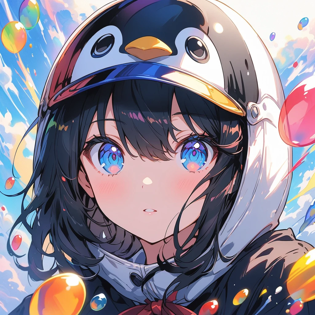 ((Put on a penguin helmet)), ((Navy blue helmet)), girl、cute、Penguin Parade、(Highest quality、masterpiece、High resolution、detailed)、animeスタイル、Flat Style、(Beautiful Eyes, Delicate and beautiful face,), break,girl1人、extremely detailed(The Shining), Best lighting, Best Shadow、floating, (High chroma), (Colorful Splash), Colorful bubbles, (Shine), Focus on the face, Dynamic Angle、anime、Pop Background