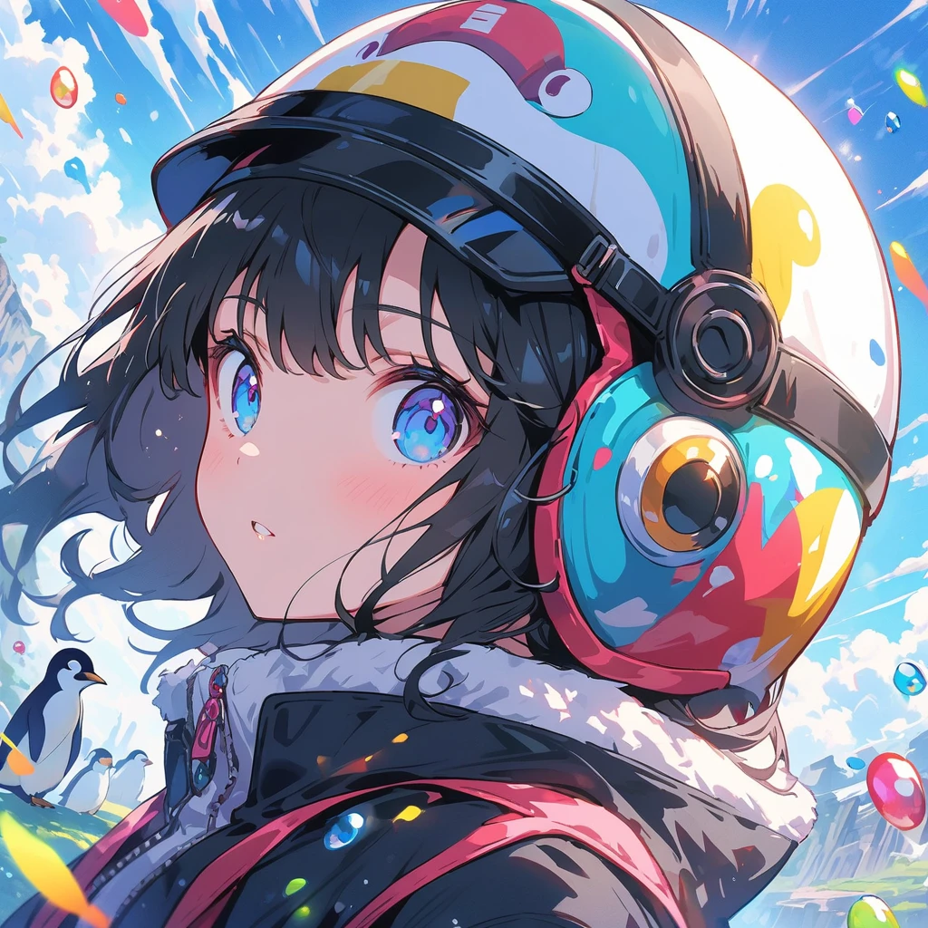 ((Put on a penguin helmet)), ((Navy blue helmet)), girl、cute、Penguin Parade、(Highest quality、masterpiece、High resolution、detailed)、animeスタイル、Flat Style、(Beautiful Eyes, Delicate and beautiful face,), break,girl1人、extremely detailed(The Shining), Best lighting, Best Shadow、floating, (High chroma), (Colorful Splash), Colorful bubbles, (Shine), Focus on the face, Dynamic Angle、anime、Pop Background