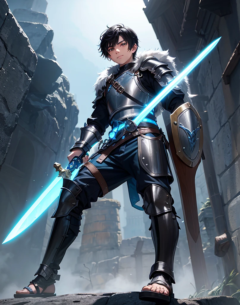 Young 13-year-old boy with black hair and brown eyes, innocent and happy, dressed in short neon-blue medieval barbarian clothes, fur shorts, light-blue battle armor, weilding silver sword and shield, sandals; fullbody; short hair, boyish athletic, sexy