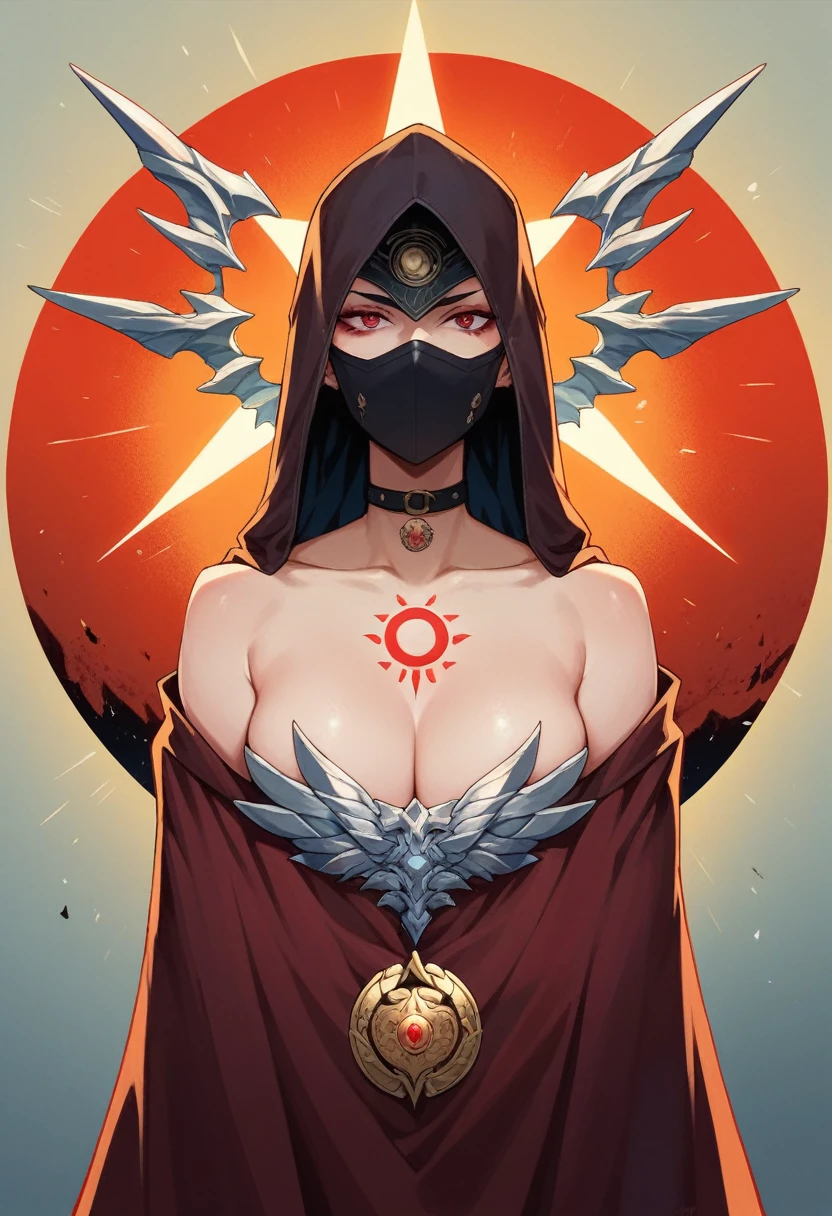 She wears a dark red cloak and covers her head with the cloak and wears a mask, wearing a solar eclipse badge to tie the cloak together.