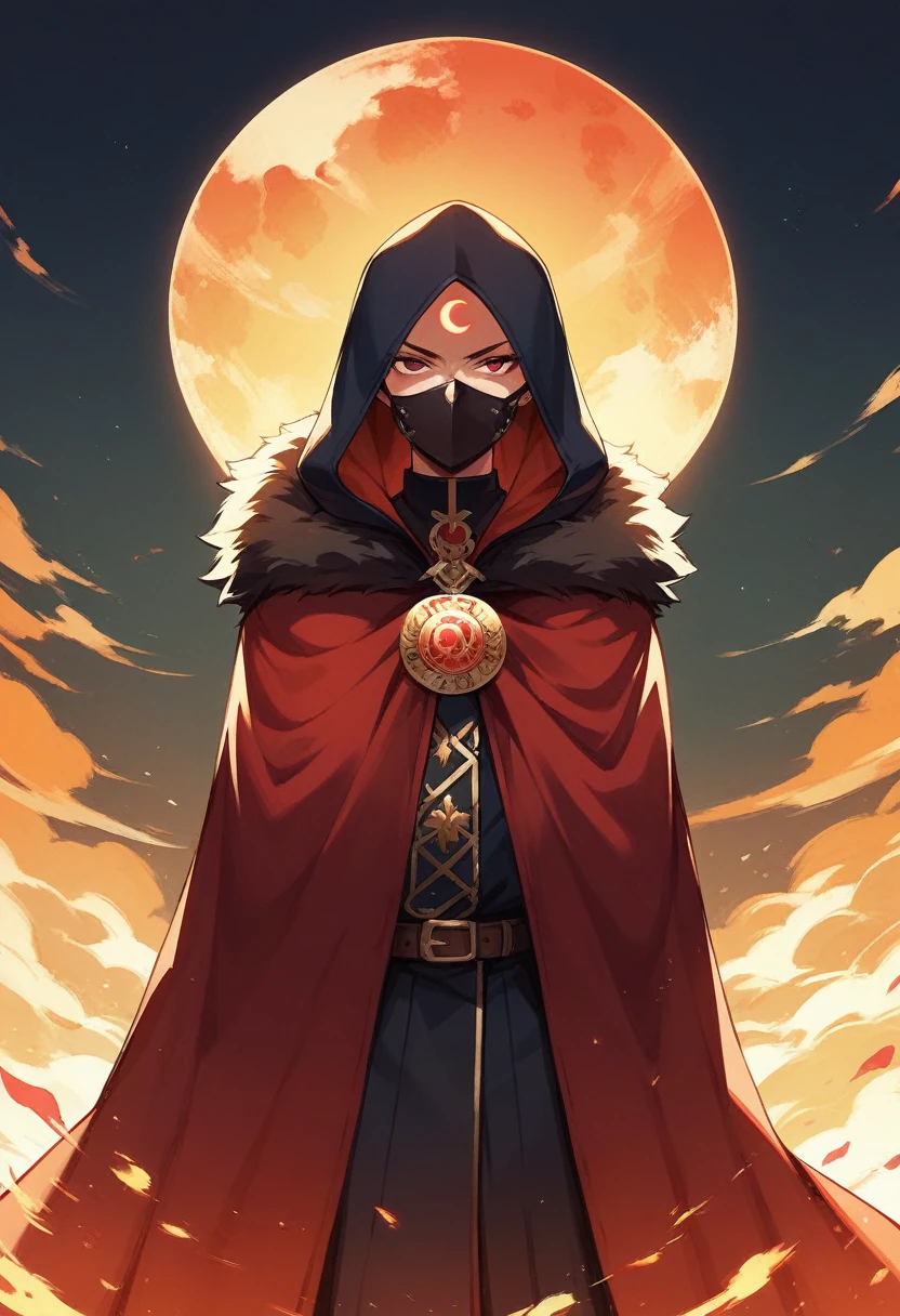 She wears a dark red cloak and covers her head with the cloak and wears a mask, wearing a solar eclipse badge to tie the cloak together.