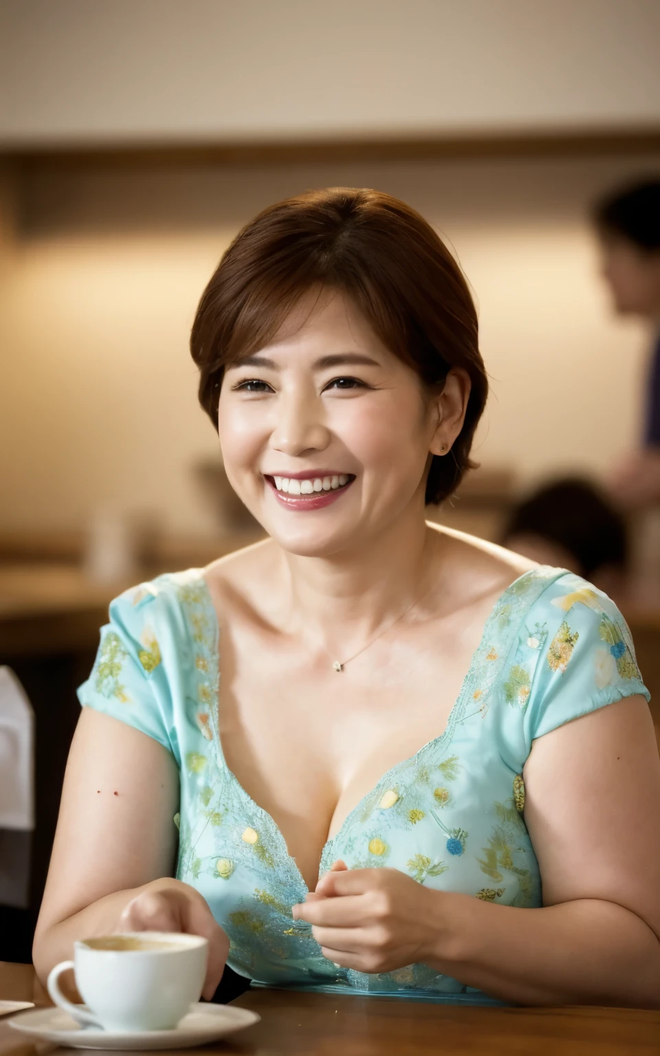 8k wallpaper, masterpiece, Highest quality, Super detailed, One Mature Woman, 50 years old, Become very clear, Wearing a spring-like shirt, Skin dents, Captivating smile, Looking at the audience, Cleavage, plump, Curvaceous, Fascinating face, Smiling with teeth showing, I was happy, Sitting in a cafe, Background Blur