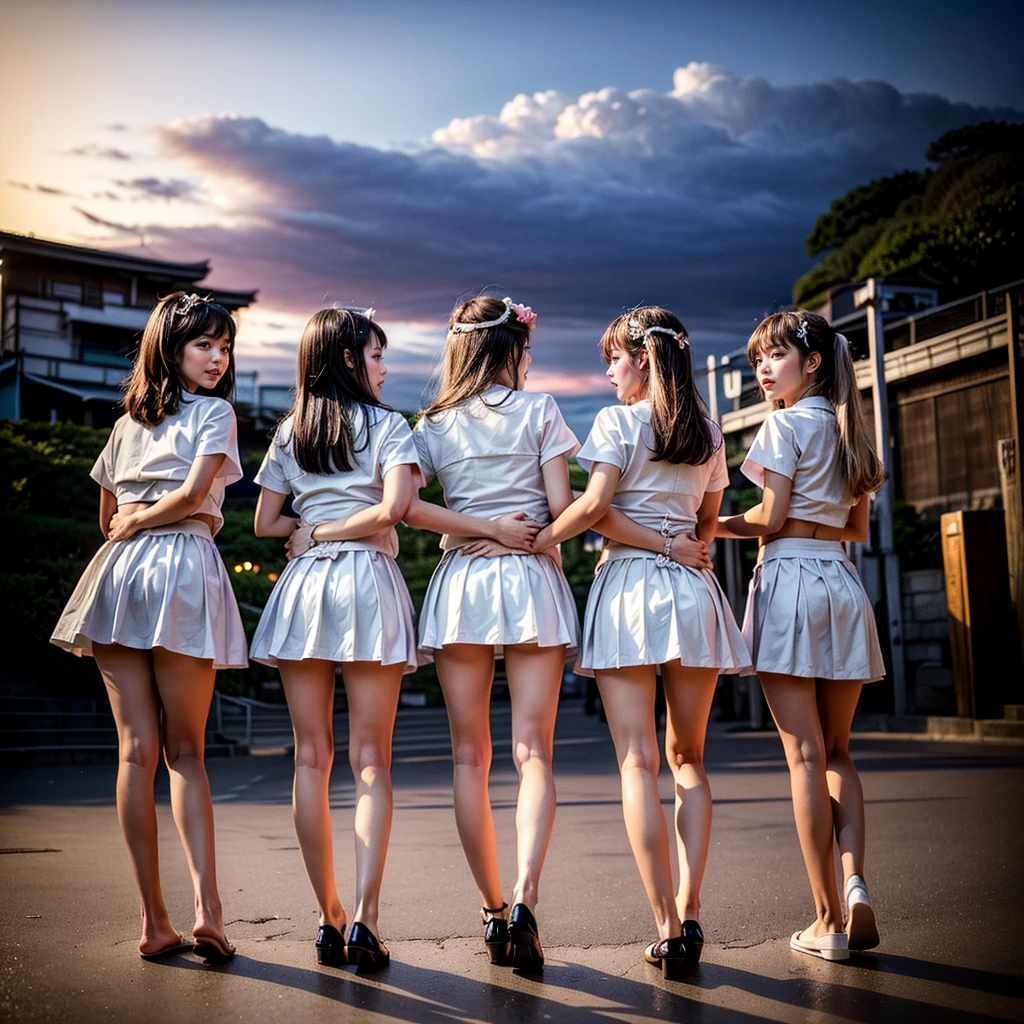 ((ExtremelyDetailed (12 KAWAII Girls in a row:1.37) in WHITE at Dusk Enoshima Beach)), (masterpiece 8K TopQuality) (ProfessionalPhoto:1.37), {(Standing Full Body:1.2)|(from below:1.2)}, Different types of hair colors, {School Uniform|naked bandage|tutu}, PUNIPUNI, Joyful Expressions LifeLike Rendering, PerfectLighting, (Upskirt:0.22), [RainbowColorHorizon]