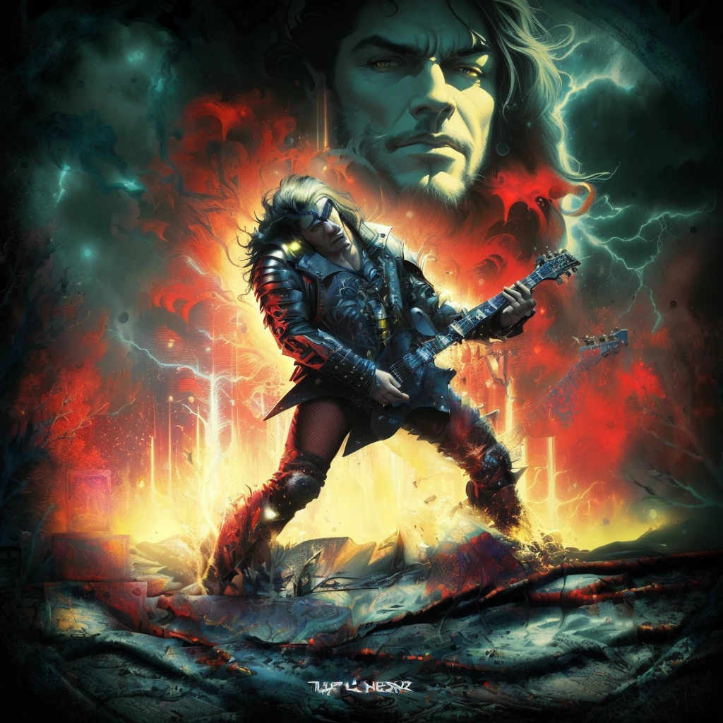 a poster of a man with a guitar in front of lightning, Heavy metal the film, heavy metal art style, arte de heavy metal, heavy metal comic book cover, johnny silverhand, poster art, Drew Struzan Tomasz Alen Kopera, metal album cover art, power metal album cover, cover photo, a poster art de Edwards, puppet master