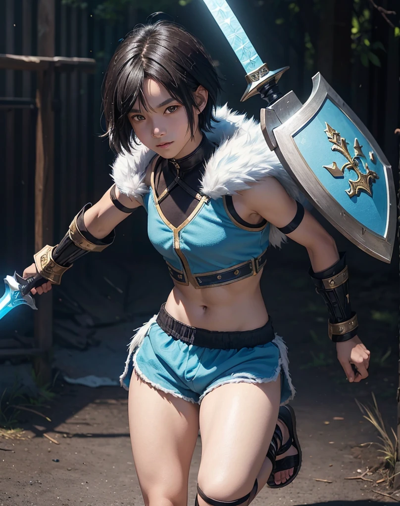 Young 13-year-old boy with black hair and brown eyes, innocent and happy, dressed in short neon-blue medieval barbarian clothes, fur shorts, light-blue battle armor, weilding silver sword and shield, sandals; fullbody; short hair, boyish athletic, sexy,