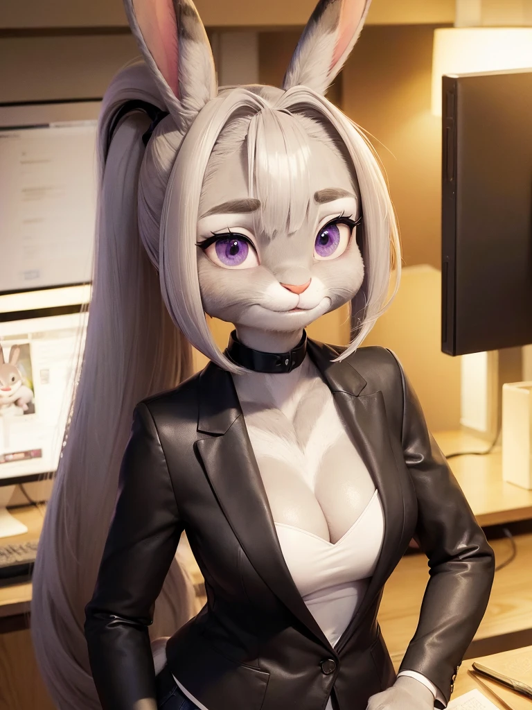 best quality,
masterpiece,
hyper Realistic,
ultra-detailed,
beautiful detailed,
4K,8K,High level,
PIXAR,
Photo real,
Portrait,
Looking at the audience,
background is an office,
Realistic lighting,
((anthropomorphic rabbit)),
detailed animals,
Complex patterns,
(furry:1.5),
(Whole skin is gray:1.4),
(body is fluffy and bushy:1.3),
((human hands)),
(Face is JudyHopps:1.35),
{((long straight hair)), ((ponytail hair))},
wispy bangs, bangs,
purple eyes,
highlight on eyes,
crisp eyes,
sparkle in the eyes,
(arched eyebrows:1.2),
(rised eyebrows:1.2),
(thin eyebrows:1.1),
(rabbit ears:1.1),
Smile,
Big Smile,
Innocent smile,
raised corners of mouth,
office lady is wearing suit,
((White blouse)) BREAK ((Black blazer)) BREAK ((Black pants)),
clothes made of wool,
((She is blushing in the cheeks)),
((Looks excited)),
(solo:1.5),
(1 lady:1.5),
one character only
alone,
Perfect Anatomy,
highlight,
sunlight,
daylight,