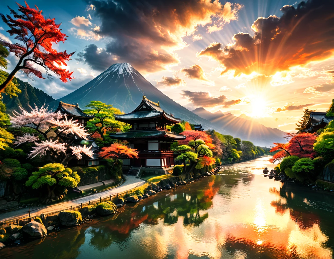 a National Geographic picture of dark Japanese medieval temple, as the sun (rises in the horizon: 1.1), it sits on the bank of a river near surrounded by cherry trees, almond trees, Japanese maple trees, (all trees in many colorful shades of green, red, pin, orange: 1.5) ((all scenery is reflected in the river: 1.5)), an epic ancient Japanese medieval temple, ancient and epic in its majestic antiquity, a sense of serenity, tranquility, divine rays, some clouds, sun rays, (highest quality:1.2, Very detailed, up to date, Vibrant, Ultra-high resolution, High Contrast, masterpiece:1.2, highest quality, Best aesthetics), best details, best quality, highres, ultra wide angle, 16k, [ultra detailed], masterpiece, best quality, (extremely detailed: 1.5), Cinematic Hollywood Film, RagingNebula