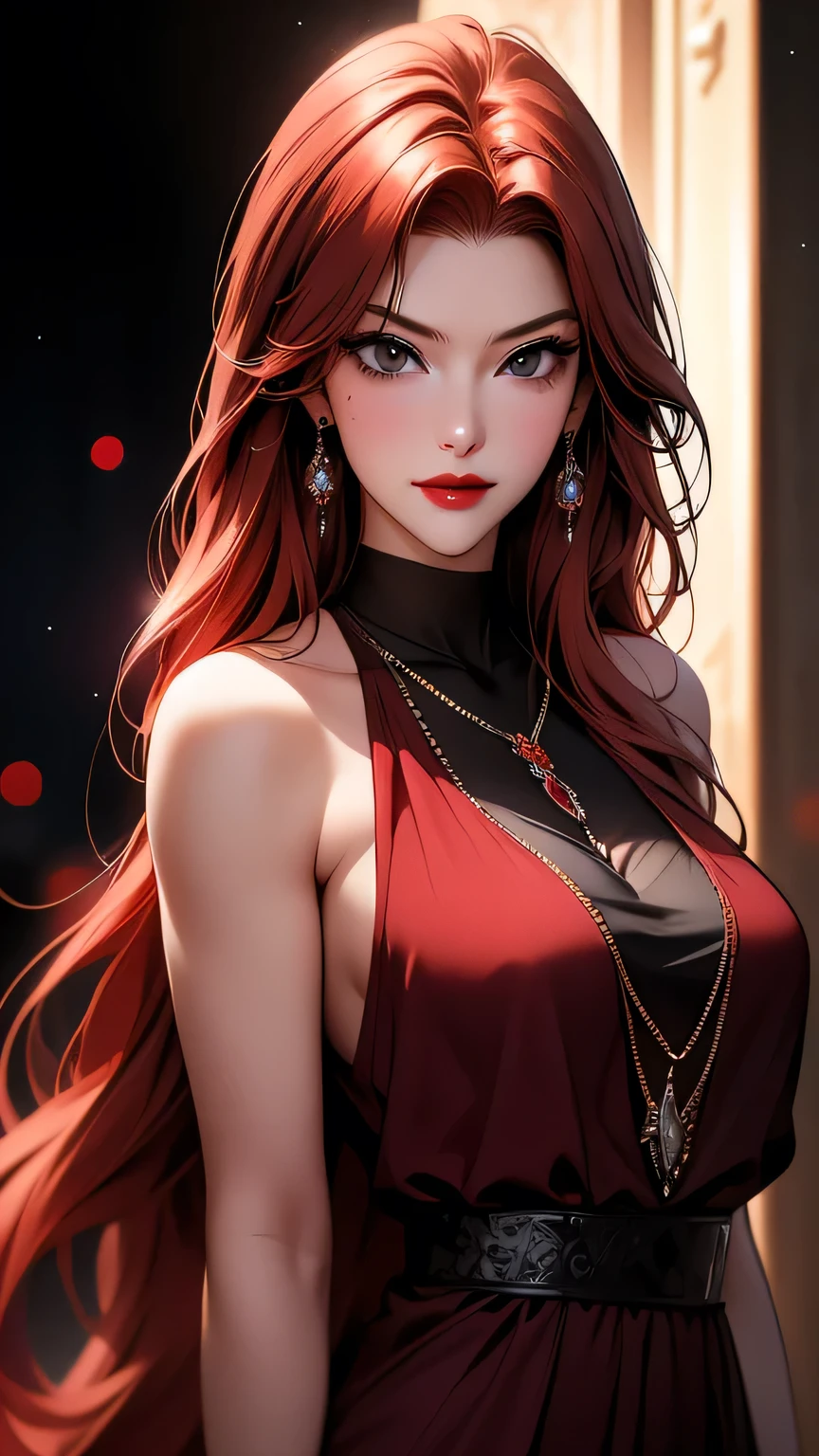 portrait photo, ((Bright red hair)), mature woman, 30 years, diamond face, outside, red starry sky background, depth of field, Magic, big red lips, ((dark black eyes)) long and fluffy black and red dress, covered chest, mystical atmosphere, Menacing shadows, intense blue aura, Intense red aura (better quality:1.2), absurdities, complex parts, (very detailed skin:1.2), Smile expression, posing, tense and well-defined body, attractive. very realistic, pale skin, Beautiful, hyperrealism, very complex skin, look straight
