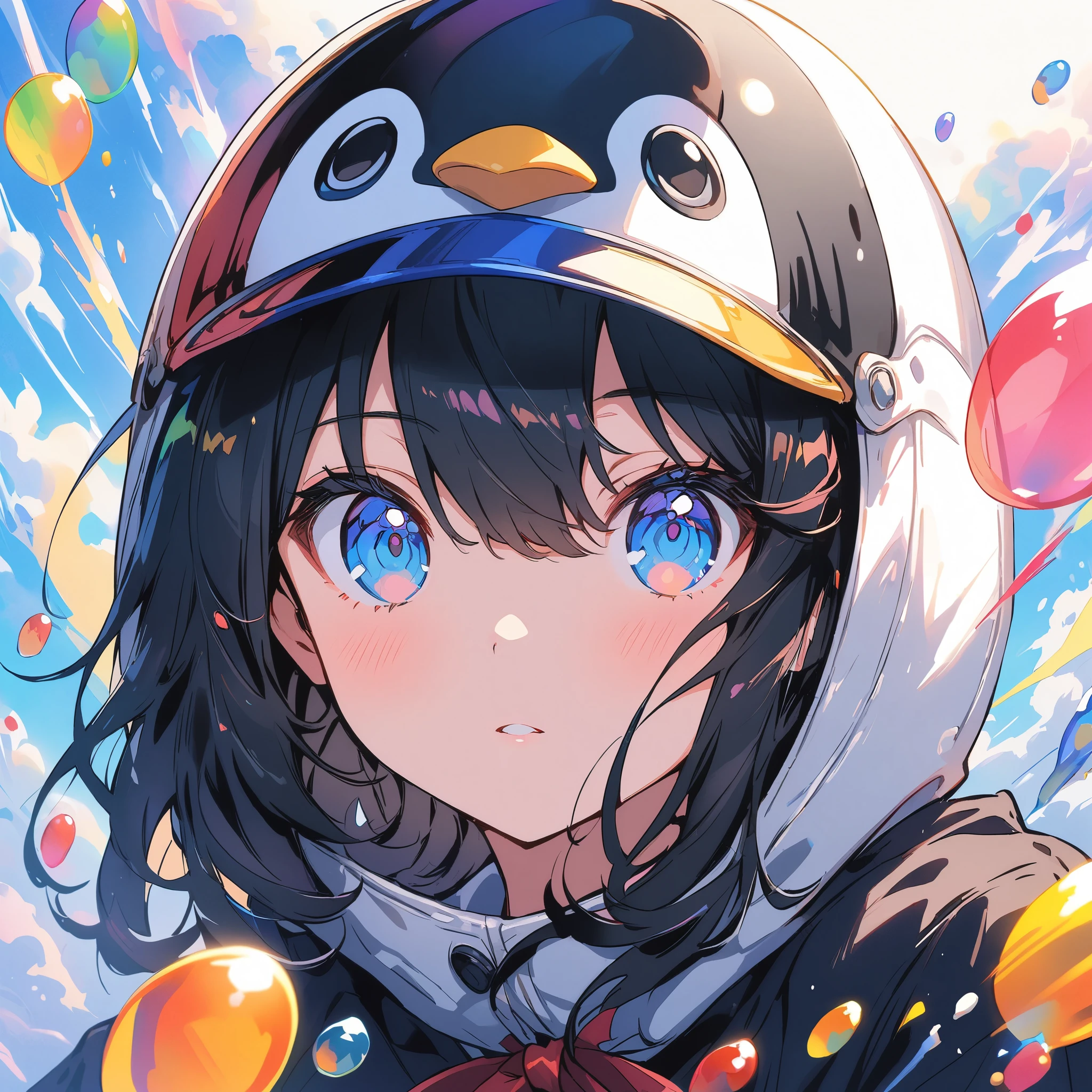 ((Put on a penguin helmet)), ((Navy blue helmet)), girl、cute、Penguin Parade、(Highest quality、masterpiece、High resolution、detailed)、animeスタイル、Flat Style、(Beautiful Eyes, Delicate and beautiful face,), break,girl1人、extremely detailed(The Shining), Best lighting, Best Shadow、floating, (High chroma), (Colorful Splash), Colorful bubbles, (Shine), Focus on the face, Dynamic Angle、anime、Pop Background