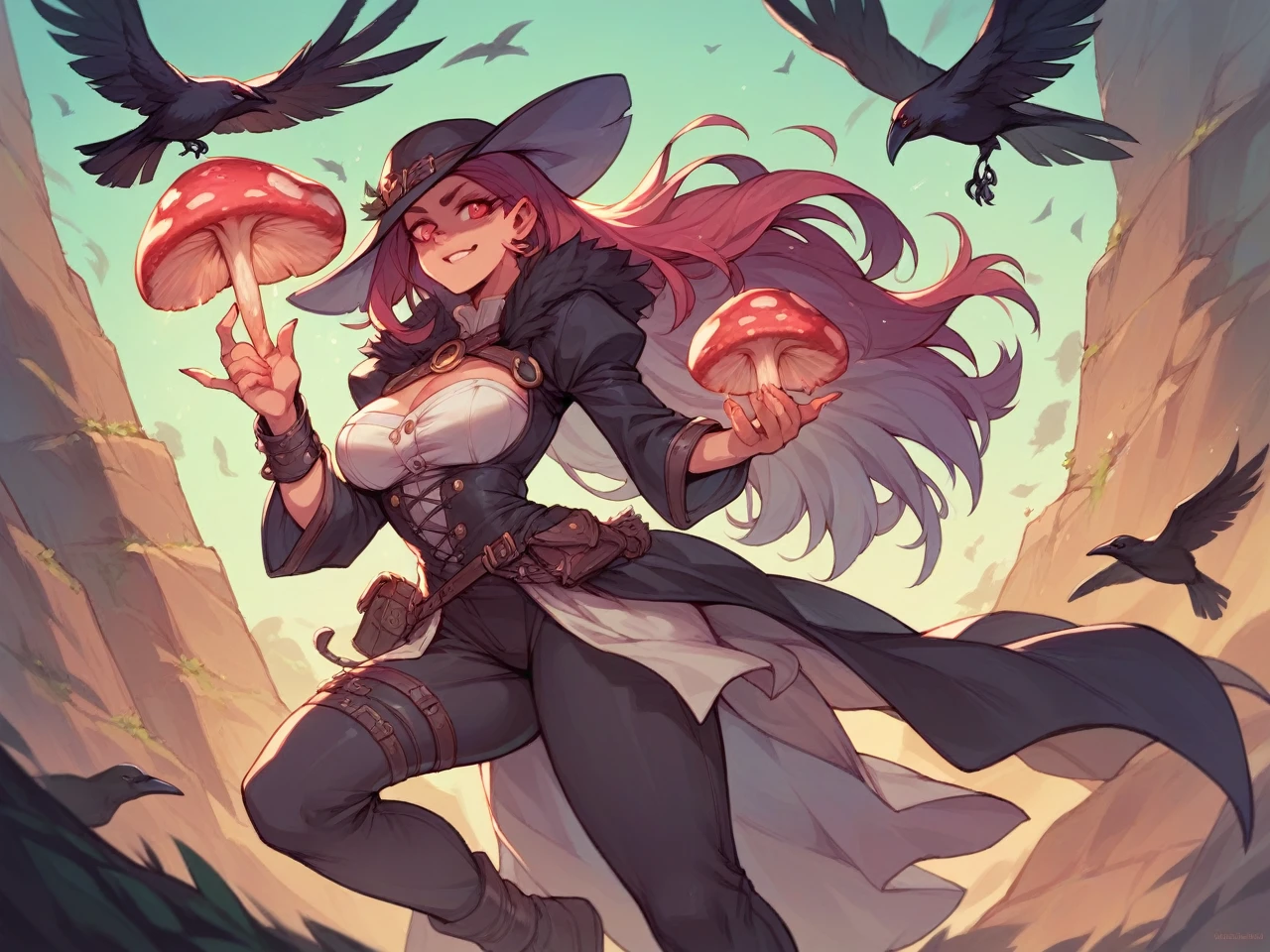 Demon crow with magic mushrooms, hands with 5 fingers, without errors