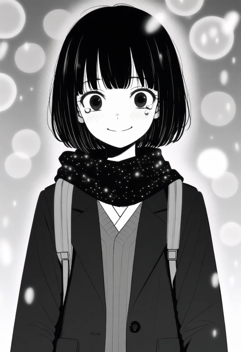 masterpiece, best quality, 1girl, mamerakkkkko, grayscale, manga style, japanese, chi no wadachi, black eyes, street, iced, black hair, schoolbag, smile, lineart, black coat, black scarf, black pleated skirt, leggins, centered, 18 years old, tall, fair skinned, bokeh background, crying, tears, straight-on, tears streaming, bob cut, light particles, centered, snowing, (((reaching_towards_viewer)))