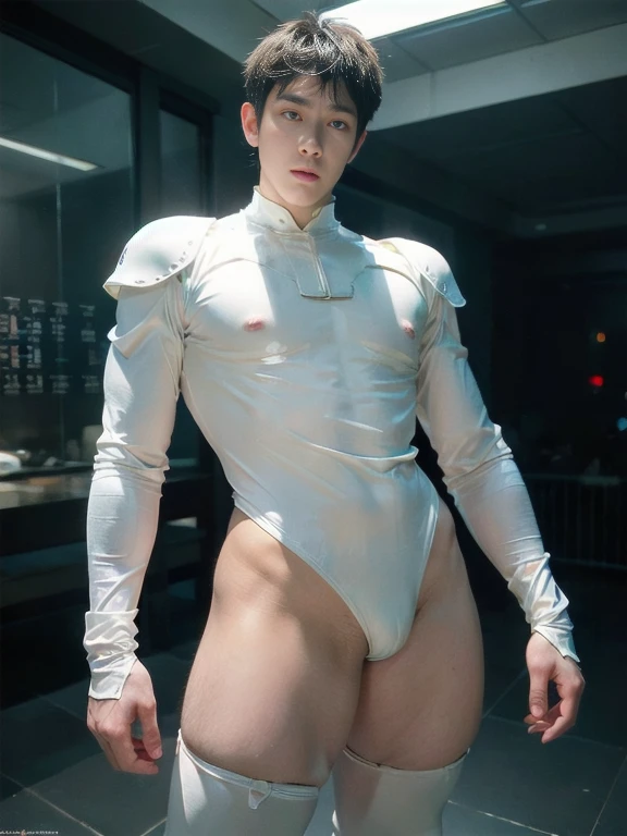 (masutepiece,High resolution,ultra - detailed:1.0),1(Boy,Robot Boy),Perfect male body,Look at the camera,Delicate eyes and delicate face,extremely details CG,Unity 8k wallpaper,intricate-detail,solo person,Detailed face, (Futuristic skin-perfect white bodysuit), Best Quality, hands visible, (White Gloves), Beautiful and delicate blue short hair:1.5 , full length shot(fls) , big thighs , big hips , insane details, hyper details , photorealistic , only male , handsome boy , puffy nipples , 16k resolution , ultra-high clarity , hyperrealism, uhd,. K-pop idol , whore , slutty whore , swollen nipples , defeat , grins ,thick thighs, thick hips , male , (((unrealistic wide hips , unrealistic wide pelvis))) ， bare thighs , sexy ,bare hips , epic reality , ultra realism , ultra photorealistic , front view , (((only boy , only male))) , (boy ,male)，masculine boy , bodybuilder
