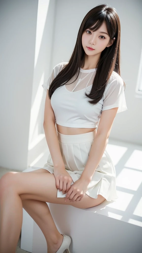 White Room、黒いTight Skirt 、Sheer blouse、(Highest quality)、((Very detailed))、4K、(8K)、masterpiece、Very detailedな、Highest quality、Super Resolution、One person、Kind Face、Soft Light、RAW quality、Soft Skin、all、Thighs、163cm、Tight Skirt:2