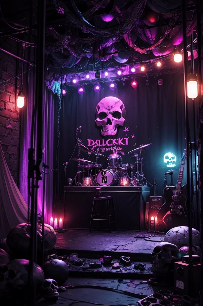 Create a space like a rock concert with lots of colors and skulls of decorations with a darker atmosphere 