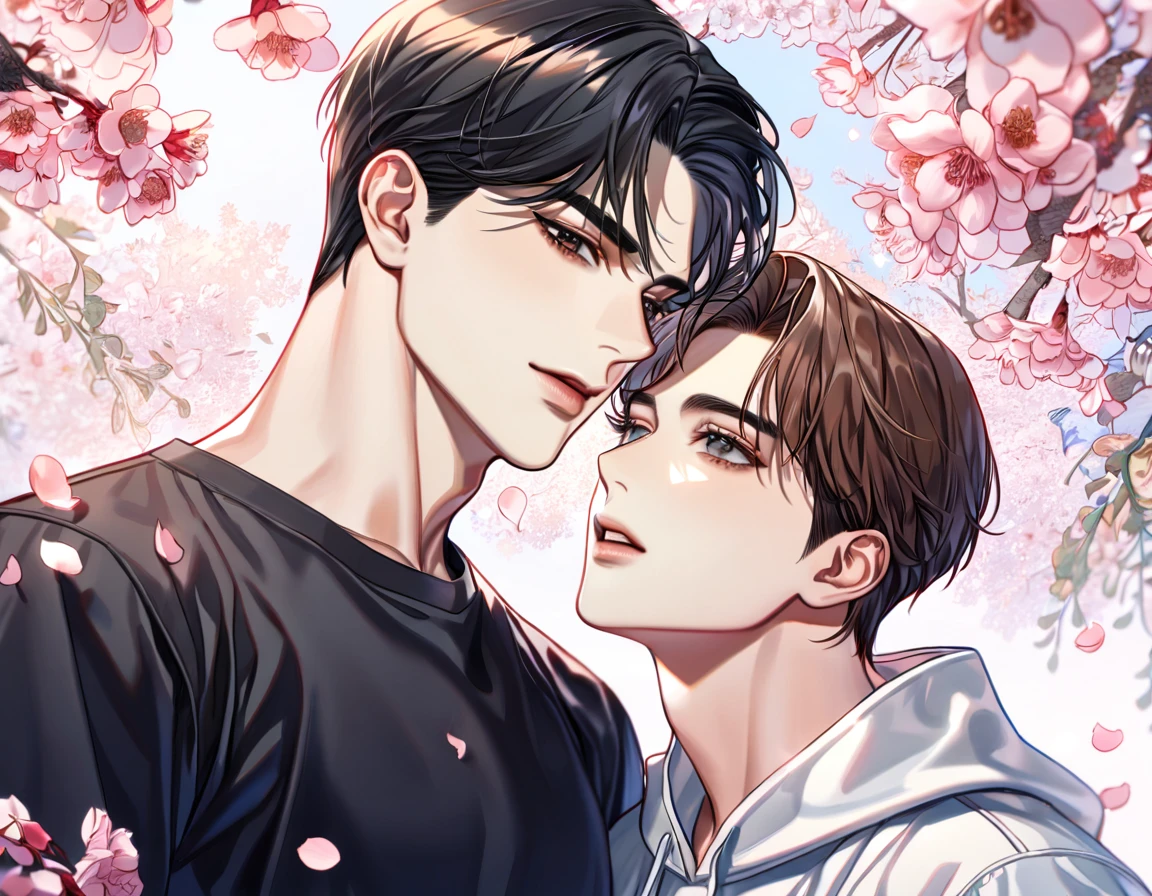 absurdres, highres, ultra detailed, HDR, master piece, best quality, perfect eyes, defined appearance, Joo Jaekyung, brown hair, expressive gray eyes, Jinx, Kim Dan, black hair, expressive brown eyes, two sexy men together, handsome, yaoi, gay couple, black shirt, white hoodie, blossoms, pink flowers, spring, park