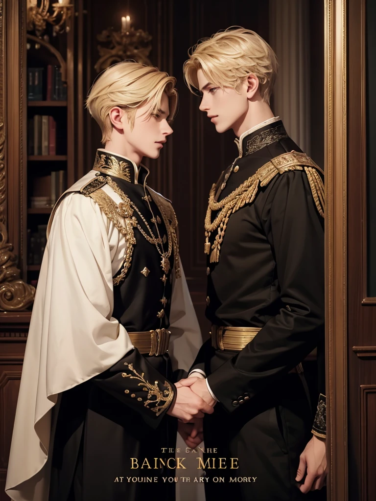 Help me make the cover of my book that is about a blonde prince who meets a black-haired boy, They both look at each other somewhat nervously.