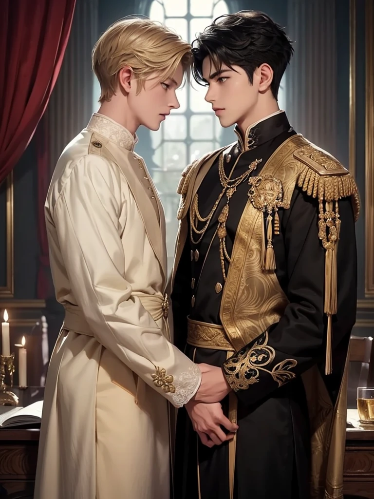 Help me make the cover of my book that is about a blonde prince who meets a black-haired boy, They both look at each other somewhat nervously.