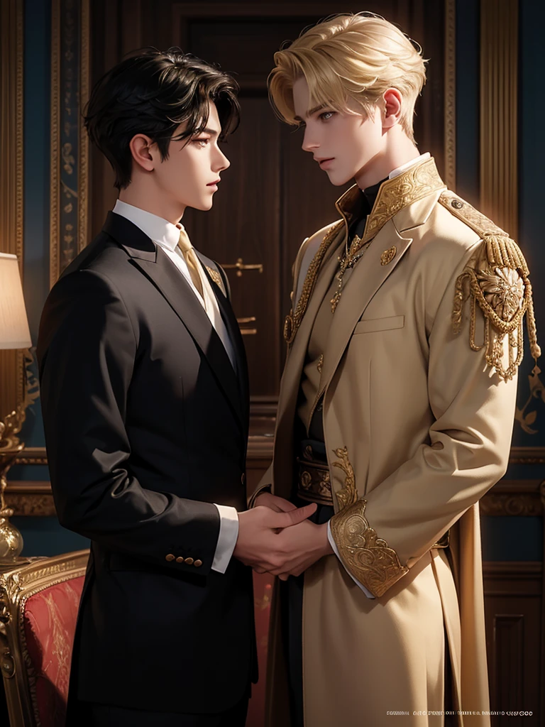 Help me make the cover of my book that is about a blonde prince who meets a black-haired boy, They both look at each other somewhat nervously.