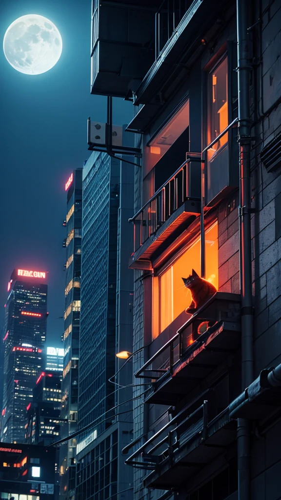 neon, cyber punk, natta, night-time, moon with strong light, orange cat, on top of a building, on the edge of the building,