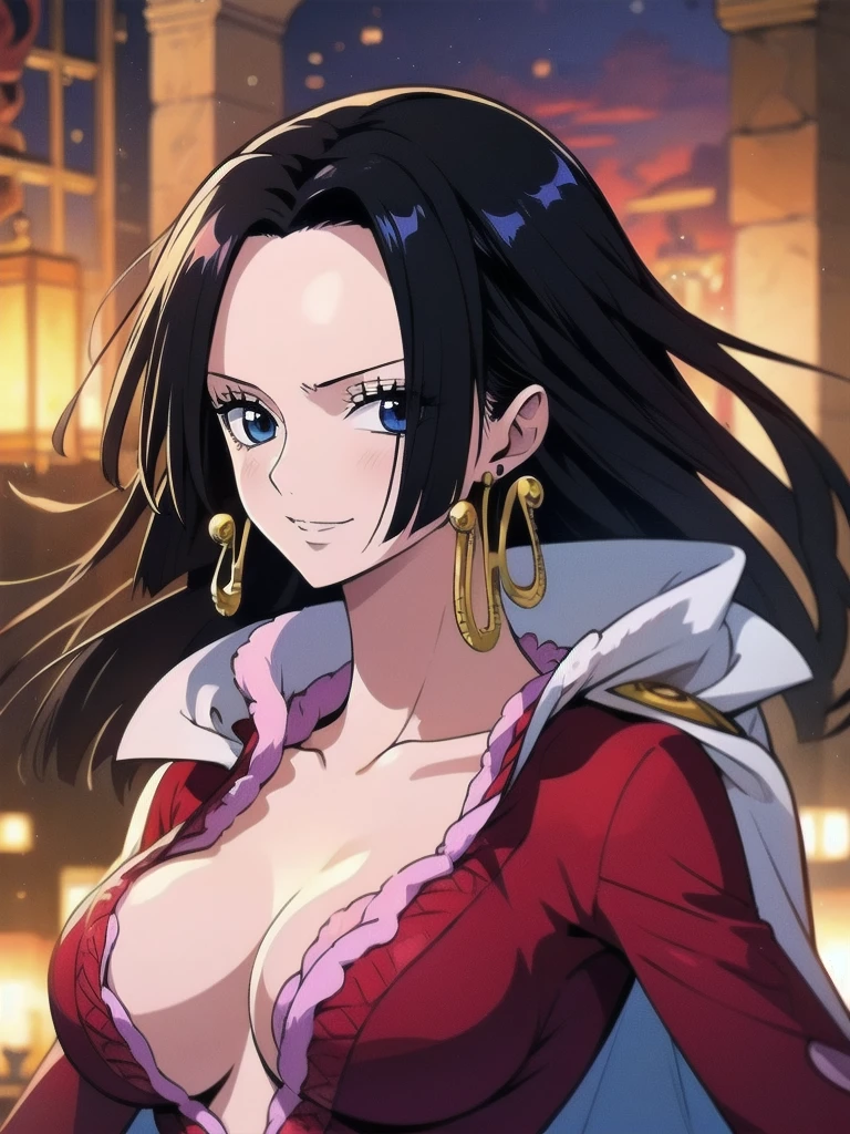 Masterpiece, Boa Hancock from One Piece, detailed face, beautiful blue eyes, small smile, wears earrings; big breasts, cleavage, loose and stylized hair, long beautiful hair, wears Boa Hancock earrings, (wears a red dress), (wears a white cape), has cleavage, bare abdomen, battle pose. The art style should resemble a captivating anime style. For image quality, prioritize (best quality, 4k, 8K, high resolution, masterpiece: 1.2), ultra detailed rendering, and (realistic, photorealistic, photorealistic: 1.37). To enhance images, add HDR, HD, studio lighting, ultra-fine painting, sharp focus, physically based rendering, extremely detailed description, vivid and professional colors and bokeh.
