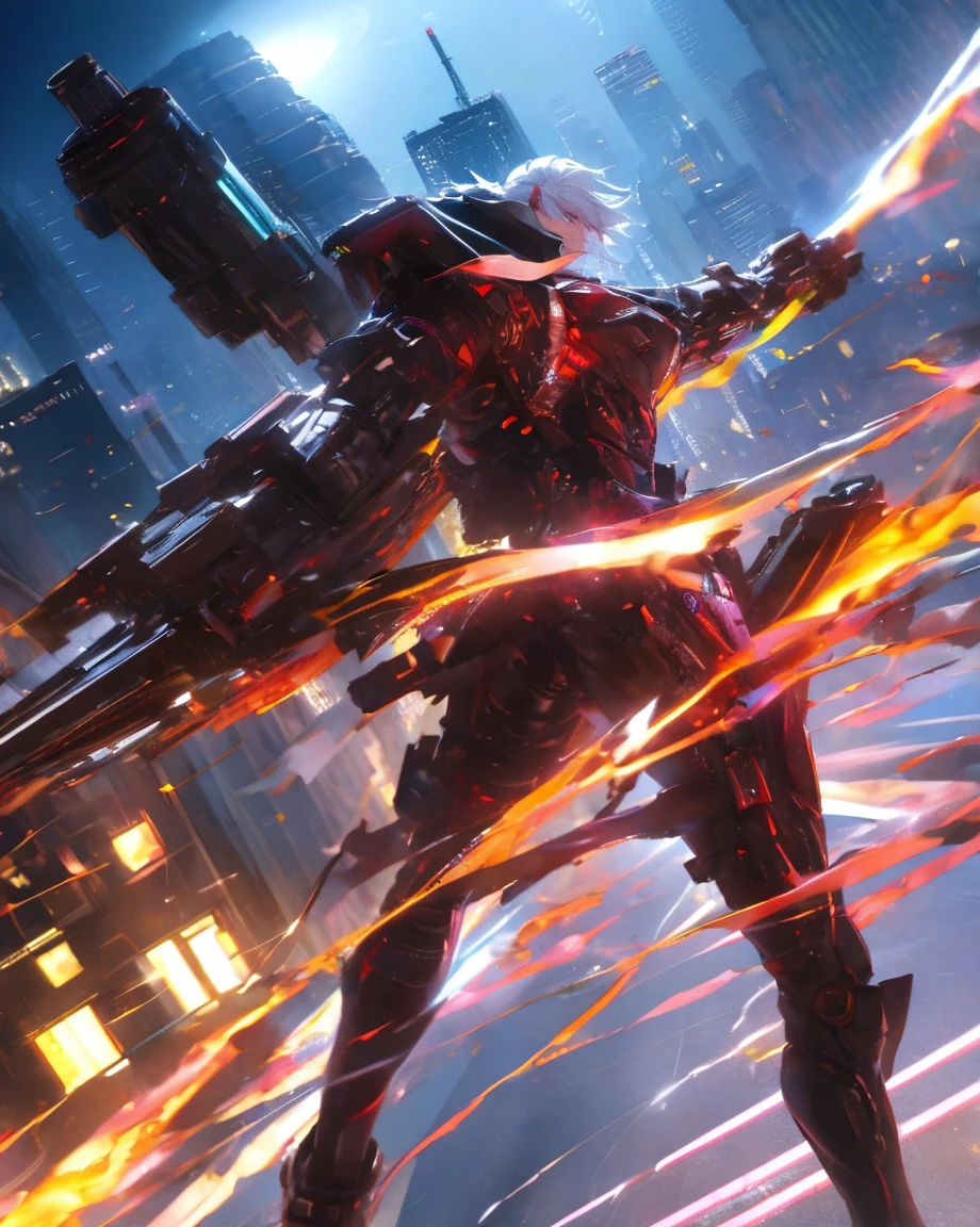 1 handsome man, Red cybernetic suit, Medium White Hair, City of night