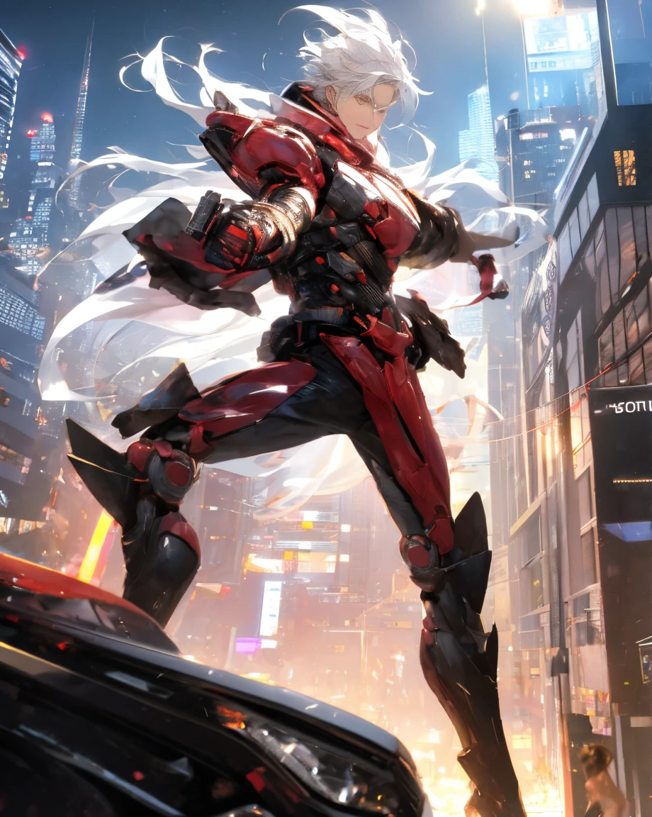 1 handsome man, Red cybernetic suit, Medium White Hair, City of night