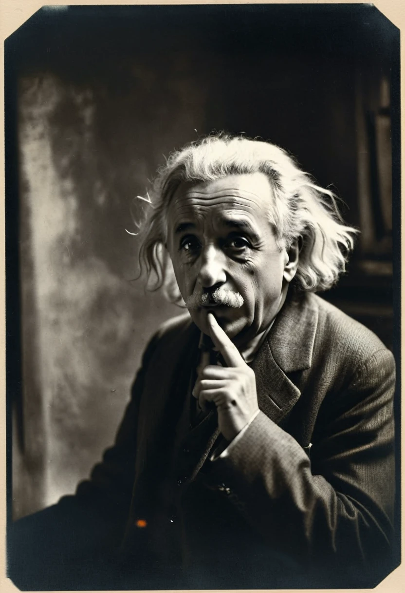 scientist Albert Einstein looking to the side with great anger, a rare moment of intense anger asking for silence with a finger in his mouth,, mysterious by Anne Brigman, vintage retrocore, daguerrotype, polaroid instax., photo, cinematic