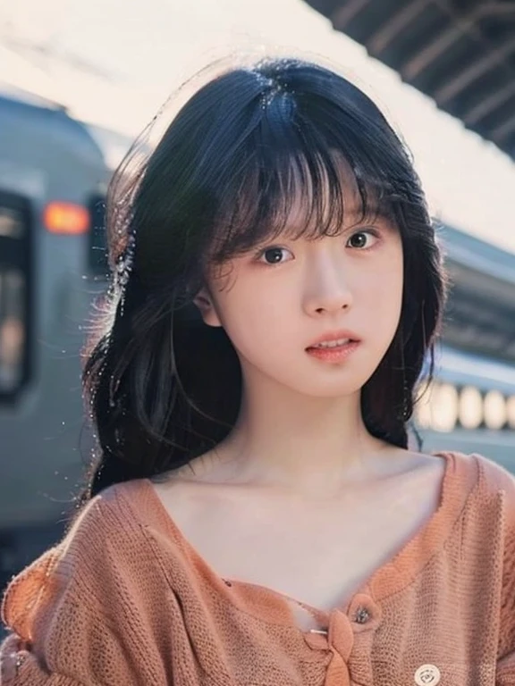 Realistic photos (1 cute Korean star) Reverse hair, light makeup, Middle breast size, Orange polo shirt, At the train station, Canon EOS Clear Facial Features, 16K, High resolution, Sharp and realistic details, Exposure, interrupt, 超High resolution, High resolution, Highest quality