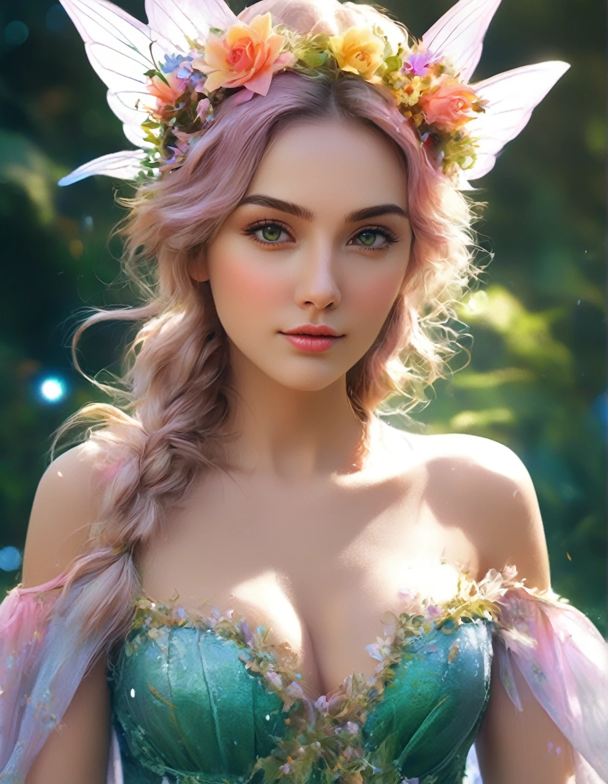 A woman in a green dress with a flower crown on her head, beautiful Fantasy Portrait, Digital fantasy art ), beautiful fantasy art portraits, Fantasy art style, Beautiful digital art, Fantasy Portrait, In the style of Urop, deviantart artstation cgscosiety, fantasy art portraits, Beautiful fantasy art, Beautiful fantasy maiden, Realistic Digital Art 4K, Realistic Digital Art 4K