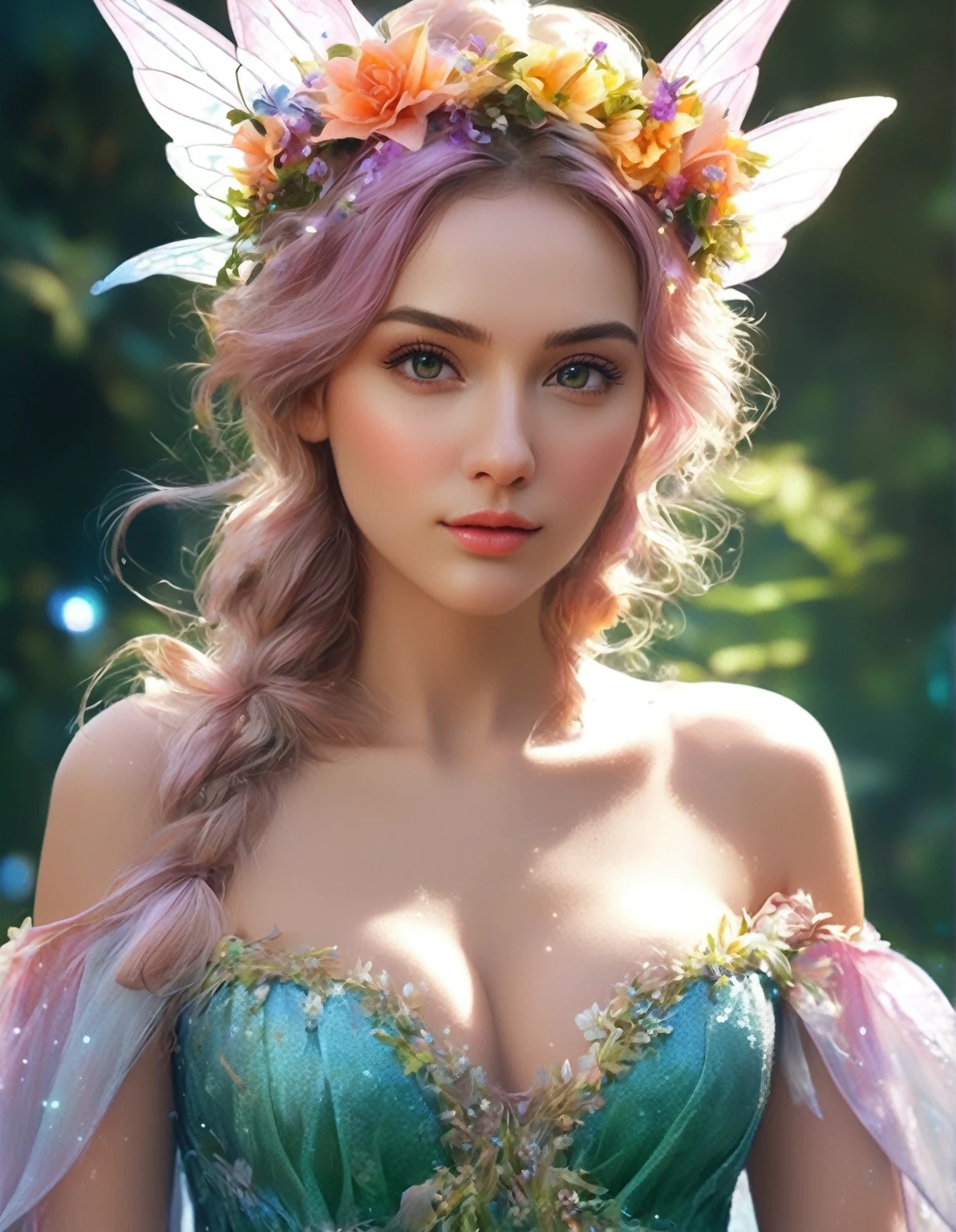 A woman in a green dress with a flower crown on her head, beautiful Fantasy Portrait, Digital fantasy art ), beautiful fantasy art portraits, Fantasy art style, Beautiful digital art, Fantasy Portrait, In the style of Urop, deviantart artstation cgscosiety, fantasy art portraits, Beautiful fantasy art, Beautiful fantasy maiden, Realistic Digital Art 4K, Realistic Digital Art 4K