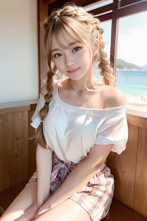 (4K、Photorealistic、Highest quality、Ultra-high resolution、masterpiece、Raw photo、Bright lighting、Face Light、Smooth Professional Lighting、Japanese Girls、Super cute、Realistic Skin、Moisturized Skin、Perfect model body、Carefully balanced、Bright smile showing teeth、Young face、Cute 18 year old girl、Small breasts、Camera gaze、Big eyes、Symmetrical eyes)、Upper body image、Upper body close-up、Front Pose、サイドテールのBlonde、Side tail braid、Woman wearing a white top、Sexy and cute looks, Beautiful and sexy face、Blonde French braids with sexy eyes、Off-the-shoulder T-shirt、Red long skirt、Cute red ribbon、Blonde、Japanese Idol、Cute smile、Bright golden hair、Ocean、Yacht