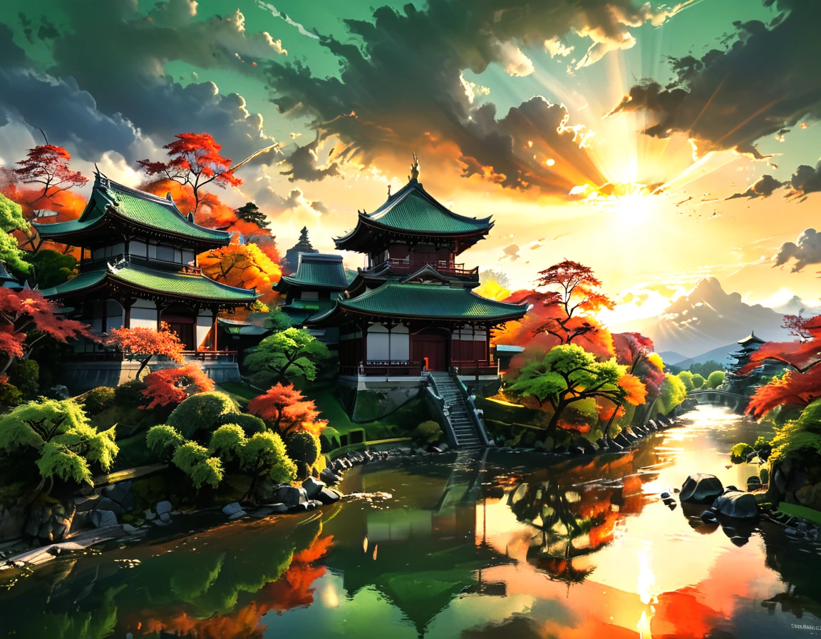 The game scene, the ancient Chinese palace is located above the clouds, surrounded by clouds and mist, majestic, glazed tiles, colorful rays of light, ((color ink)),((splash ink)),((splash ink) ink}) ), masterpiece, high quality, Refined graphics, high detail