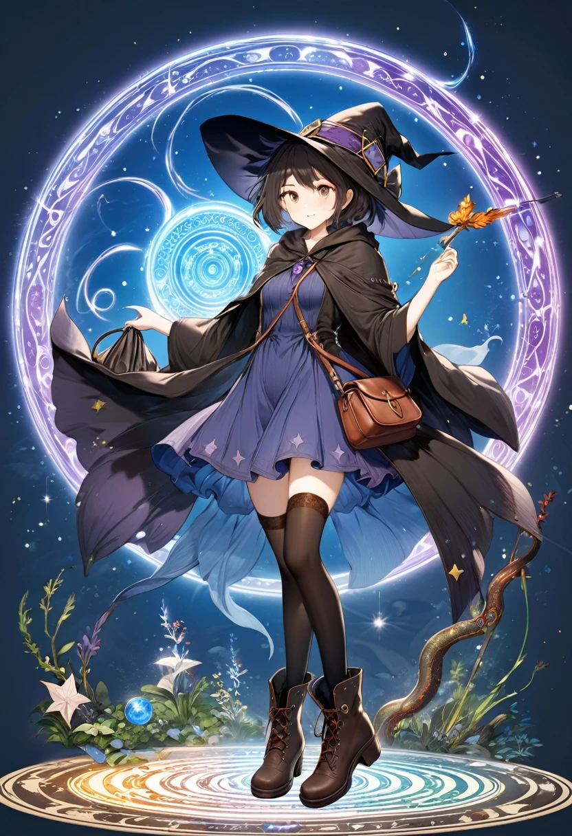 A beautiful witch in the style of Studio Ghibli, 1.55 tall, , medium-length black hair, light brown eyes, fair skin, wearing a knee-length transparent blue dress, black stockings and dark brown boots, a black and cinnamon cloak, a light brown handbag and a magic wand made of coral lizard. 8k image, ((highest quality)),(ultra high resolution),(Super detailed),(detailed description),((best GC)),(best artwork),super art precision,great drawing- art(Fantasy art with precise details:1.5),(witch:1.6),(and pretty cute shaped face:a 1.5),(Magic circle floating:1.6),dynamic pose:1.5,boots:1.3, magic circle, final fantasy XV style, 4K, super sexy, By Luciano75