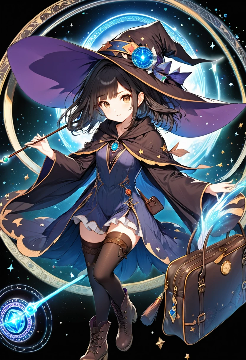 A beautiful witch in the style of Studio Ghibli, 1.55 tall, 16 years old, medium-length black hair, light brown eyes, fair skin, wearing a knee-length transparent blue dress, black stockings and dark brown boots, a black and cinnamon cloak, a light brown handbag and a magic wand made of coral lizard. 8k image, ((highest quality)),(ultra high resolution),(Super detailed),(detailed description),((best GC)),(best artwork),super art precision,great drawing- art(Fantasy art with precise details:1.5),(witch:1.6),(and pretty cute shaped face:a 1.5),(Magic circle floating:1.6),dynamic pose:1.5,boots:1.3, magic circle, final fantasy XV style, 4K, super sexy, By Luciano75