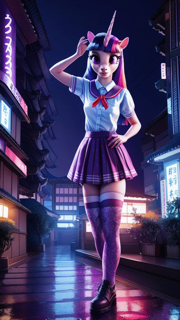 a beautiful anthro unicorn Twilight Sparkle, detailed human hands and feet, detailed stockings and shoes, Japanese school girl uniform, posing in a realistic Tokyo Japan cityscape, vibrant colors, intricate detail, 8k, photorealistic, cinematic lighting, fantasy, magical, kawaii, anthro unicorn pony