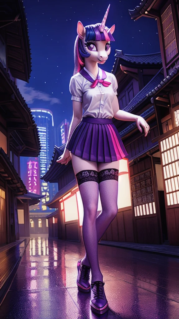 a beautiful anthro unicorn Twilight Sparkle, detailed human hands and feet, detailed stockings and shoes, Japanese school girl uniform, posing in a realistic Tokyo Japan cityscape, vibrant colors, intricate detail, 8k, photorealistic, cinematic lighting, fantasy, magical, kawaii, anthro unicorn pony