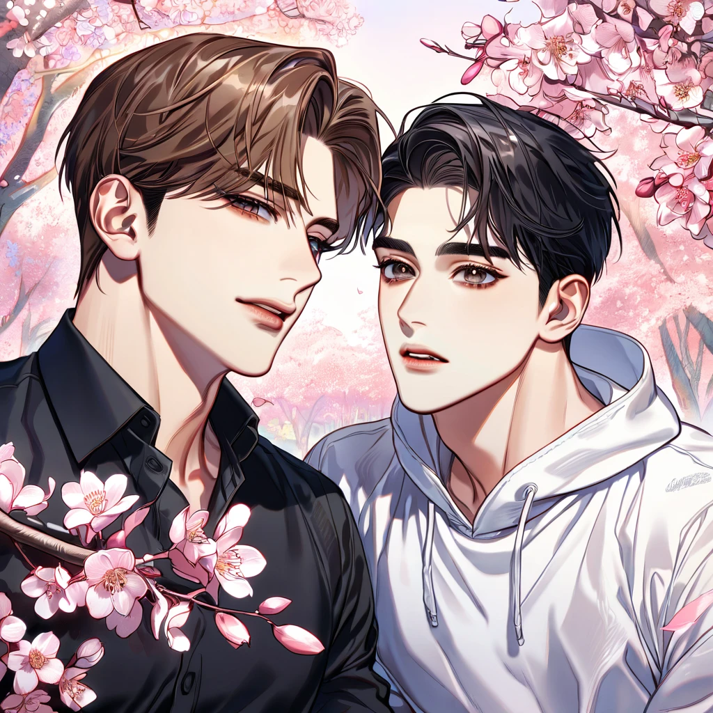 absurdres, highres, ultra detailed, HDR, master piece, best quality, perfect eyes, defined appearance, Joo Jaekyung, brown hair, expressive gray eyes, Jinx, Kim Dan, black hair, expressive brown eyes, two sexy men together, handsome, yaoi, gay couple, black shirt, white hoodie, blossoms, pink flowers, spring, park