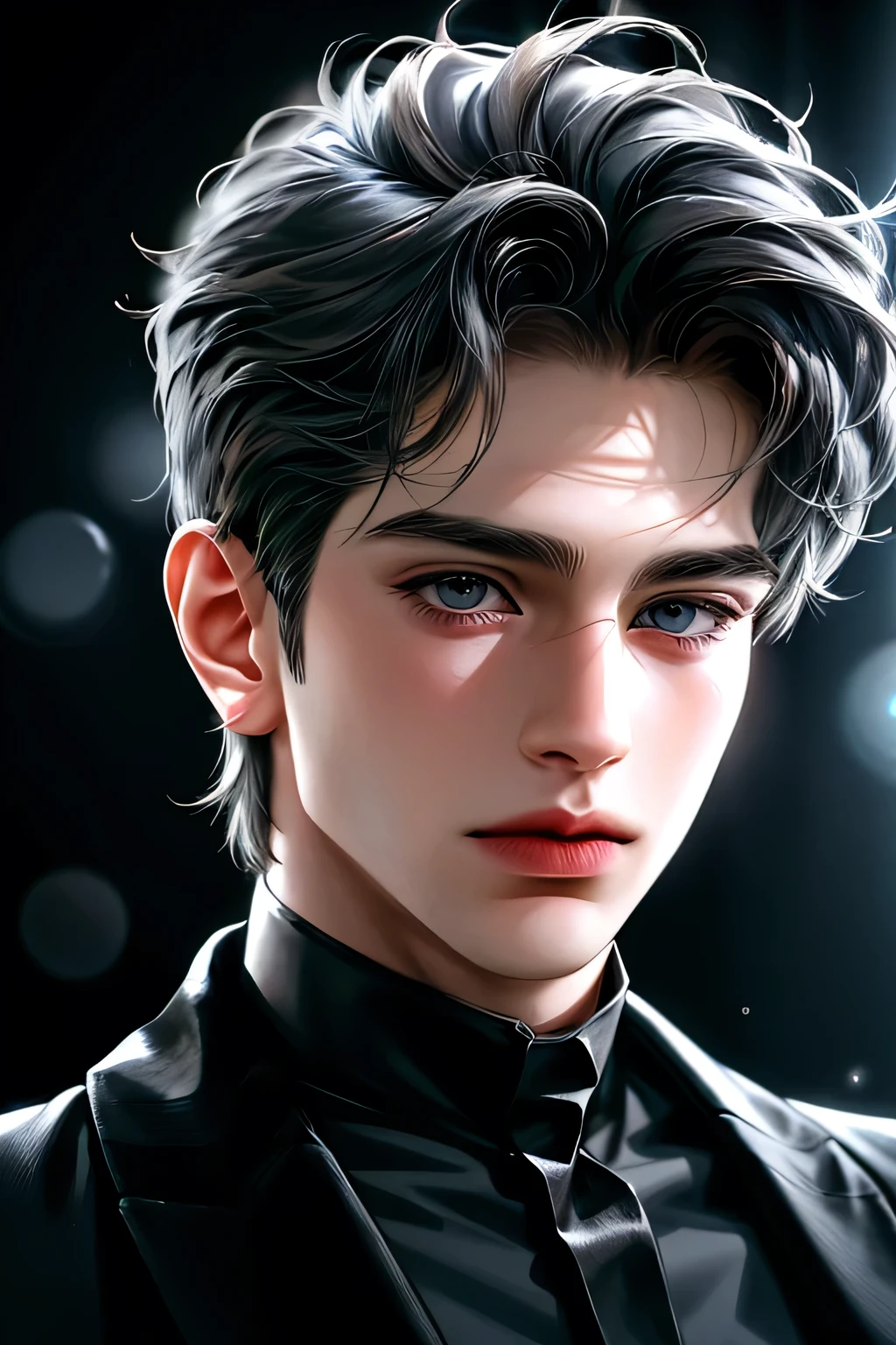 high quality, 8 k, ultra detailed, HDR, studio light, masterpiece, Portrait of a standing man, Beautiful face, Focus on your audience, a , from head to toes, ash hair, azure beautiful gray eyes, closed mouth, dirty hair, dynamic pose realistic, detailed and correct facial structure