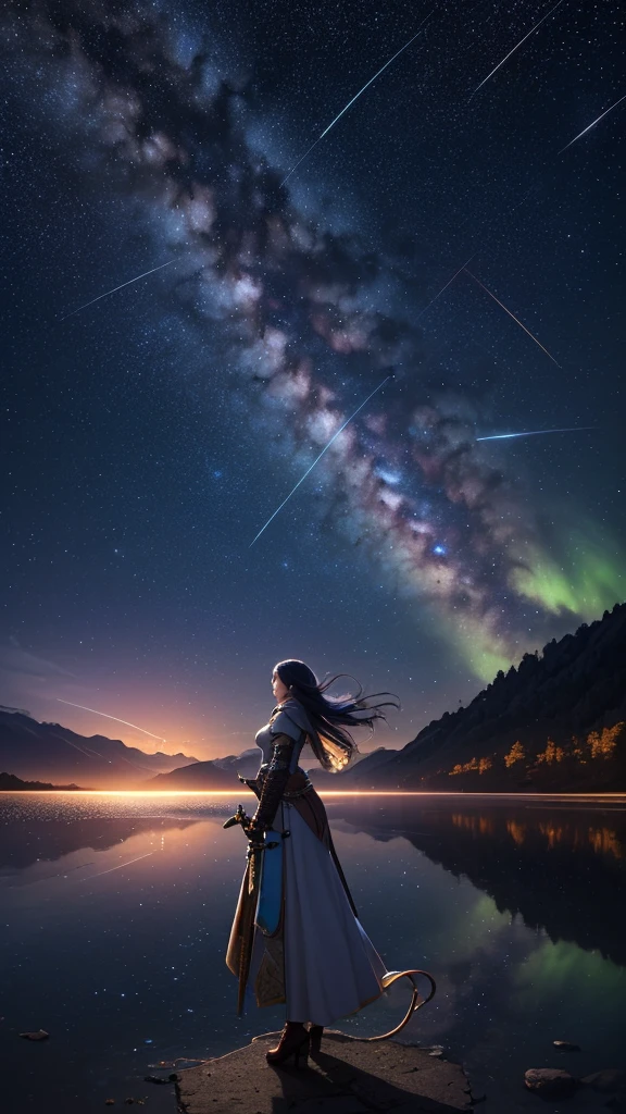 (8K, highest quality, masterpiece, final fantasy style: 1.2), (unrealistic, photorealistic: 1.37), (one mage lady standing on lake side, huge bouncing bust, Cover your whole body in light, Magic Swordsman, with sword with fire, Her sword shines into the heavens:1.1), Dreamy landscape, Fantasy, Unsurreal landscapes, Super detailed, Flying medieval castle, Floating Island in the Sky, Seven-colored swirl of light, (Mr. Shooting Star.A small, shiny, long-tailed bird soaring through the sky:1.3), Aurora, Intense lightning, milky way, Complex Light, Mr.々Colored light, Large Lake, Starry sky reflected on the lake surface, Countless shining stars, Meteors, Many meteors, Aura of, (A pillar of light emanated from the ground:1,2), Complex SentencesMr.Magic Circle,