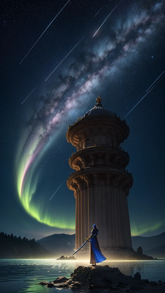 (8K, highest quality, masterpiece, final fantasy style: 1.2), (unrealistic, photorealistic: 1.37), (one mage lady standing on lake side, huge bouncing bust, Cover your whole body in light, Magic Swordsman, with sword with fire, Her sword shines into the heavens:1.1), Dreamy landscape, Fantasy, Unsurreal landscapes, Super detailed, Flying medieval castle, Floating Island in the Sky, Seven-colored swirl of light, (Mr. Shooting Star.A small, shiny, long-tailed bird soaring through the sky:1.3), Aurora, Intense lightning, milky way, Complex Light, Mr.々Colored light, Large Lake, Starry sky reflected on the lake surface, Countless shining stars, Meteors, Many meteors, Aura of, (A pillar of light emanated from the ground:1,2), Complex SentencesMr.Magic Circle,