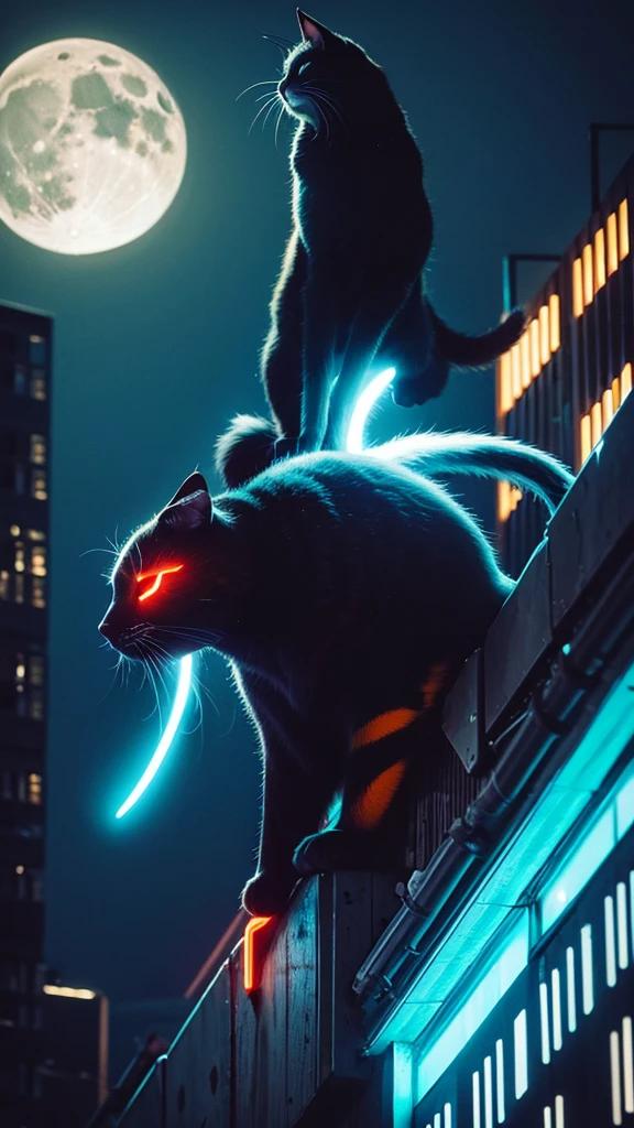 neon, cyber punk, natta, night-time, moon with strong light, orange cat, on top of a building, on the edge of the building,