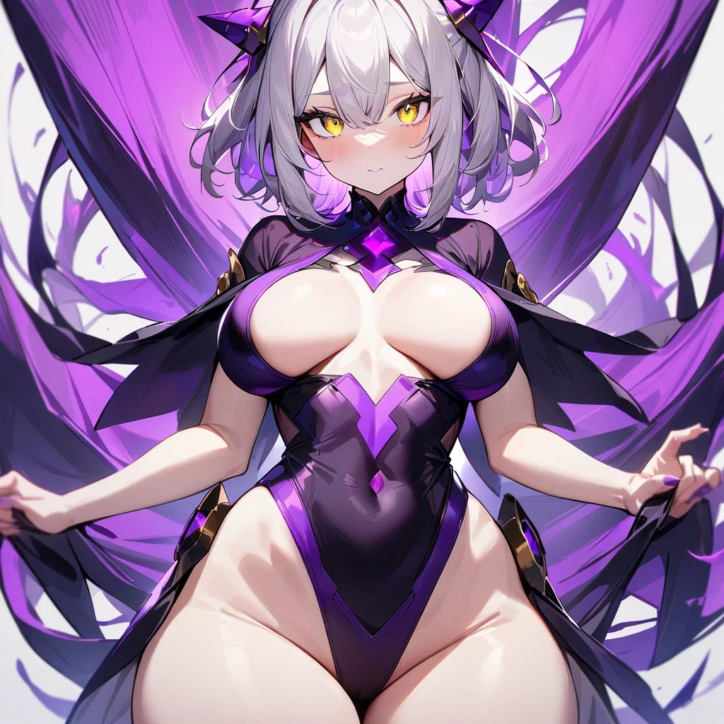 1girl,pale hair,yellow eyes,pale eyes,masterpiece,best quality,very aesthetic,absurdres,(front view),(purple colors),(breast),body,(Thighs),apart,