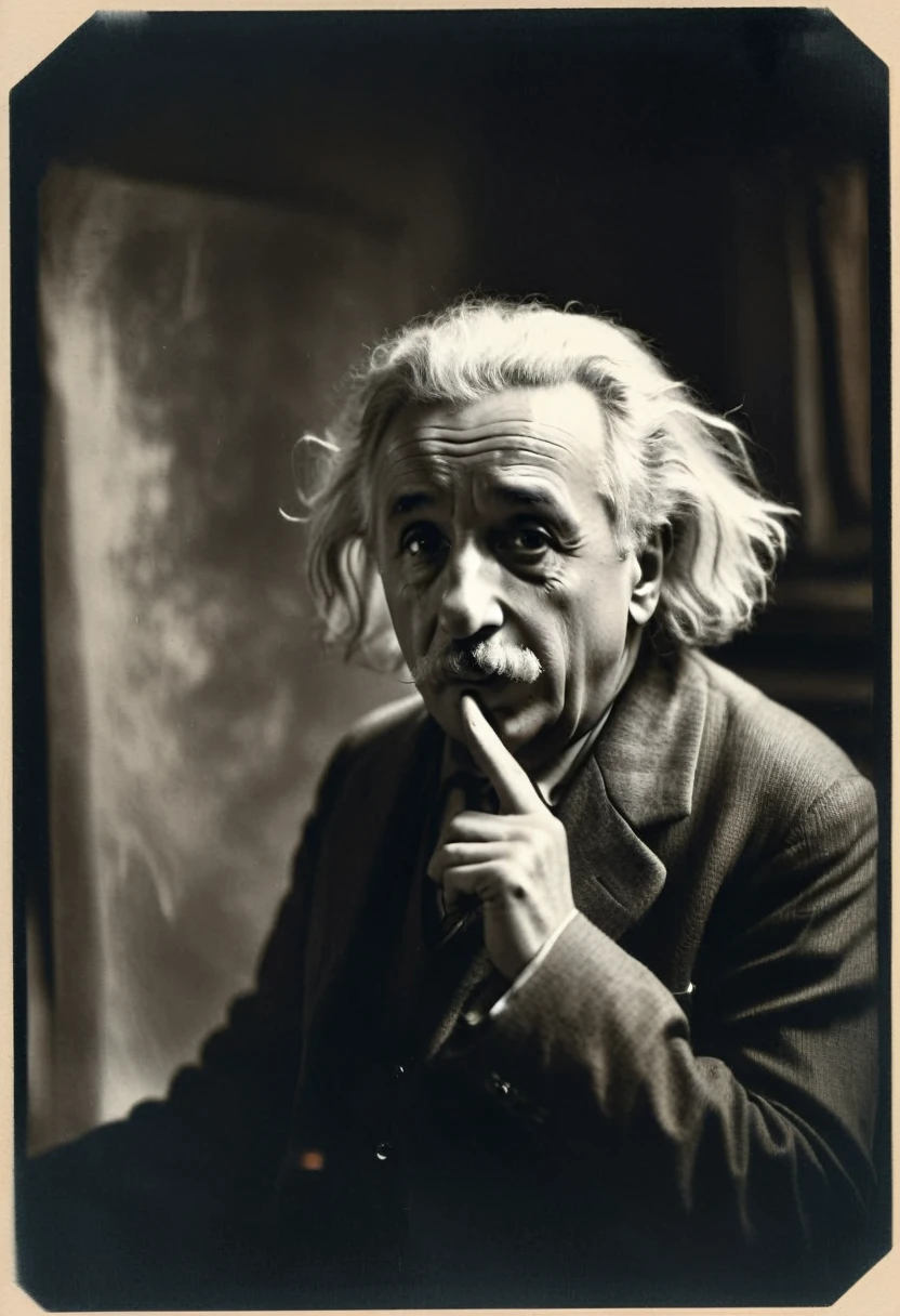 scientist Albert Einstein looking to the side with great anger, a rare moment of intense anger asking for silence with a finger in his mouth,, mysterious by Anne Brigman, vintage retrocore, daguerrotype, polaroid instax., photo, cinematic