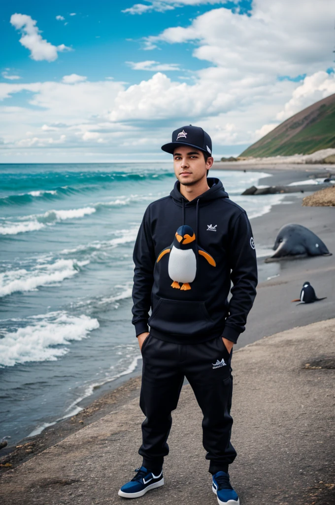 Create a photo with the Rubius clothing brand with a penguin 